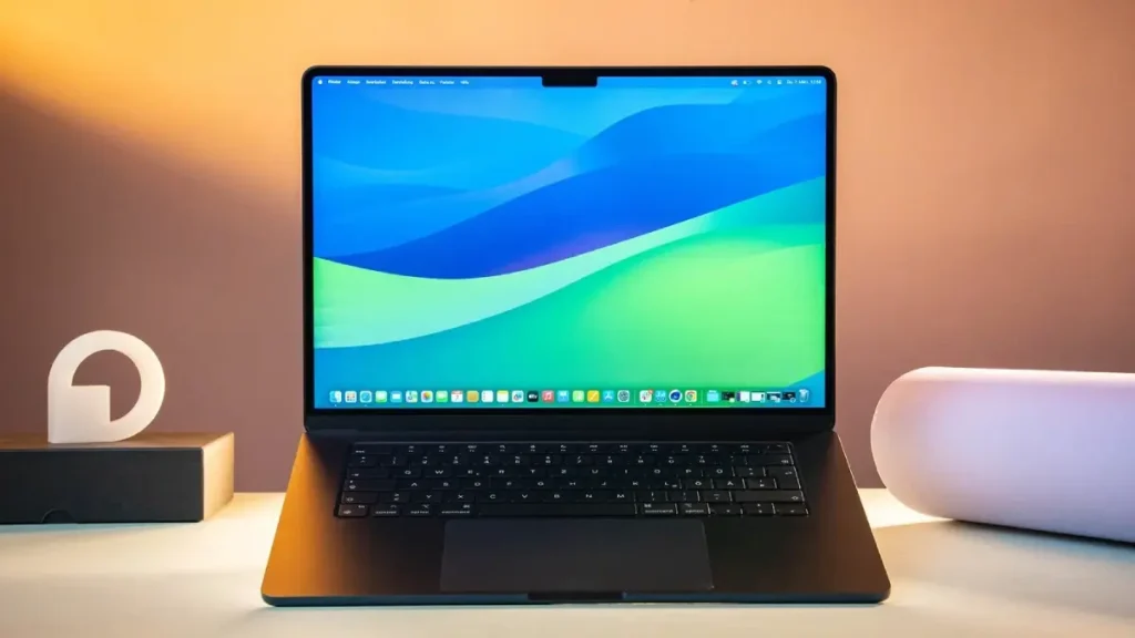 Yazılım İçin Laptop Önerisi - En İyi 10+ Laptop! 15 Masa üzerinde duran açık MacBook Air M3 laptop.