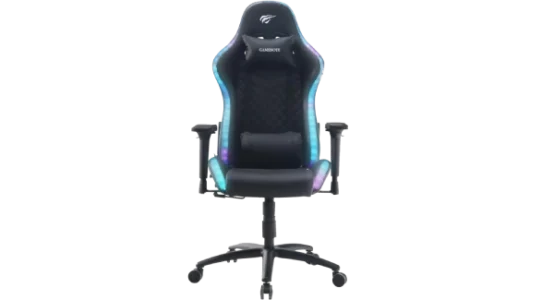 Havit Gamenote GC927 RGB Oyuncu Koltuğunun önden görünümü. Bu model, özellikle RGB En İyi Oyuncu Koltuğu olarak lanse edilmiş olup, koltuğun yan kenarlarında ve sırtın dış çevresinde yanıp sönen gökkuşağı renginde (mor, mavi, turkuaz) ışıklar saçan bir RGB aydınlatma şeridi bulunmaktadır. Koltuk, suni deri malzeme ile kaplanmıştır ve sırt merkezinde dikişli elmas deseni bulunur. Üst kısmında GAMENOTE yazısı bulunan bir baş yastığı ve ortada bir bel destek yastığı yer alır. Koltuk, 180° yaslanma derecesine, 120 kg taşıma kapasitesine ve 190 cm boy desteğine sahiptir. Yanlarda ayarlanabilir 2D kolçaklar ve sağlam bir temel sunan Class 3 amortisör mekanizması görülmektedir.
