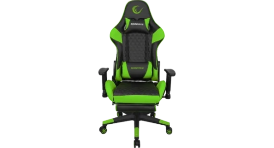 Rampage STYLES KL-R61 Oyuncu Koltuğunun önden, ayak uzatma (footrest) desteği açıkken çekilmiş canlı görünümü. Bu model, Ayak Uzatma Desteğine Sahip En Uygun Fiyatlı Oyuncu Koltuğu olarak öne çıkmakta ve siyah ile neon yeşili renklerin dinamik birleşimiyle tasarlanmıştır. Koltuk, deri malzeme ile kaplanmıştır. Sırt ve oturma merkezinde siyah baklava desenli dikiş detayları, kenarlarda ise neon yeşili parlak malzeme vurgusu bulunur. Yüksek sırt tasarımının üst kısmında ve bel destek yastığında RAMPAGE yazısı yer alır. Baş kısmının hemen üzerinde ise büyük, yeşil bir Rampage logosu bulunmaktadır. Koltuk, 90-180° yaslanma derecesine, 120 kg taşıma kapasitesine ve 180 cm boy desteğine sahiptir. Yanlarda siyah kolçaklar ve sağlam bir temel sunan yıldız ayak mekanizması görülmektedir.