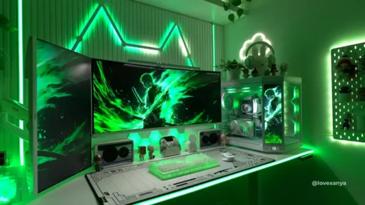 Yeşil temalı, masa üzerinde duran iki monitör ve yeşil aydınlatmalı beyaz akvaryum kasa bir estetik oyuncu sistemi