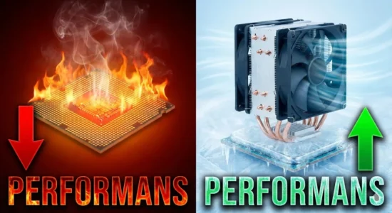 Sol sekansta aşırı ısınmadan yanmış ve performans kaybı yaşayan işlemci bulunuyor, sağdaki alanda kule tipi soğutucu işlemciyi abartı bir şekilde dondurarak soğuttuğu ve performansı artırdığı yer alıyor.