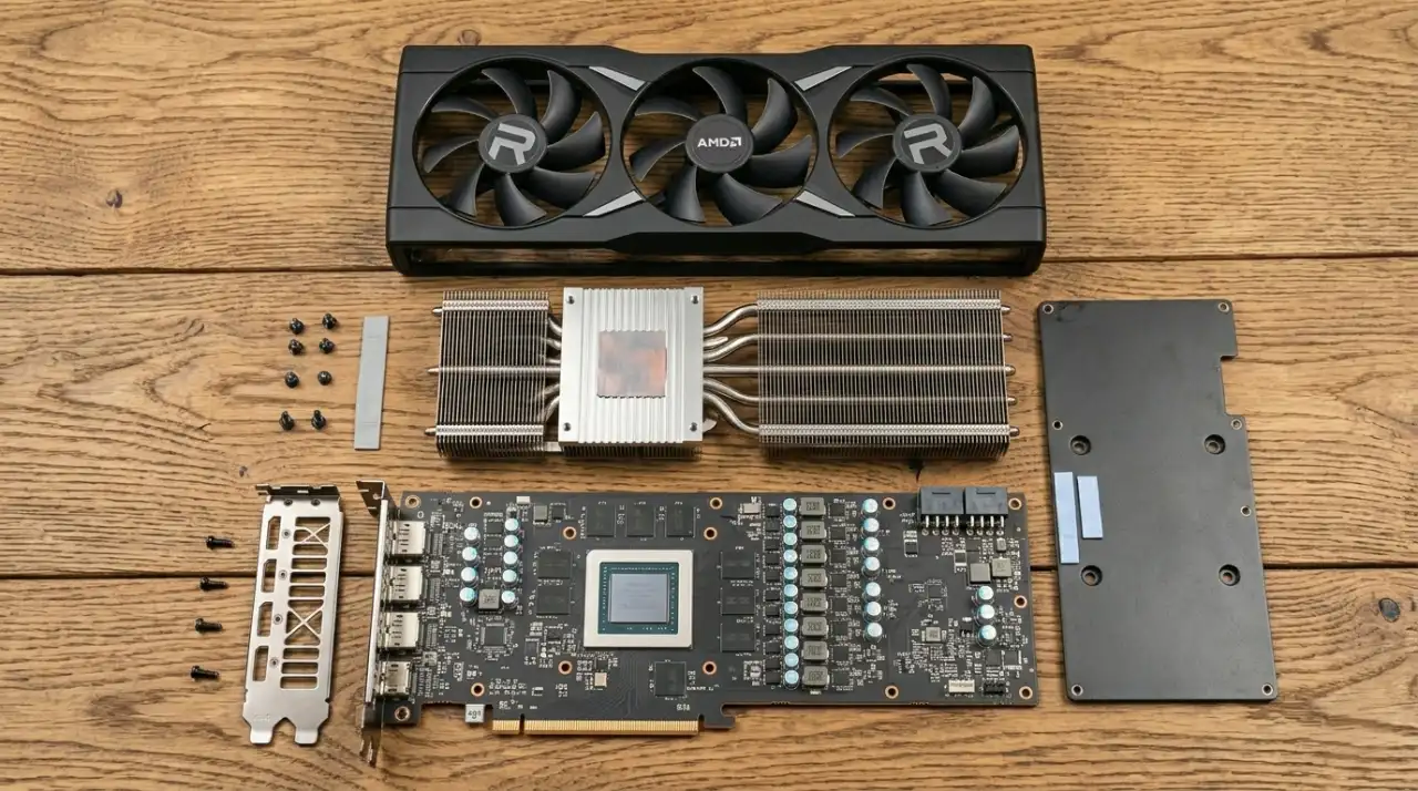 Ahşap masa üzerinde sökmüş olduğumuz AMD ekran kartı modelinin PCB, soğutma bloğu ve arka paneli