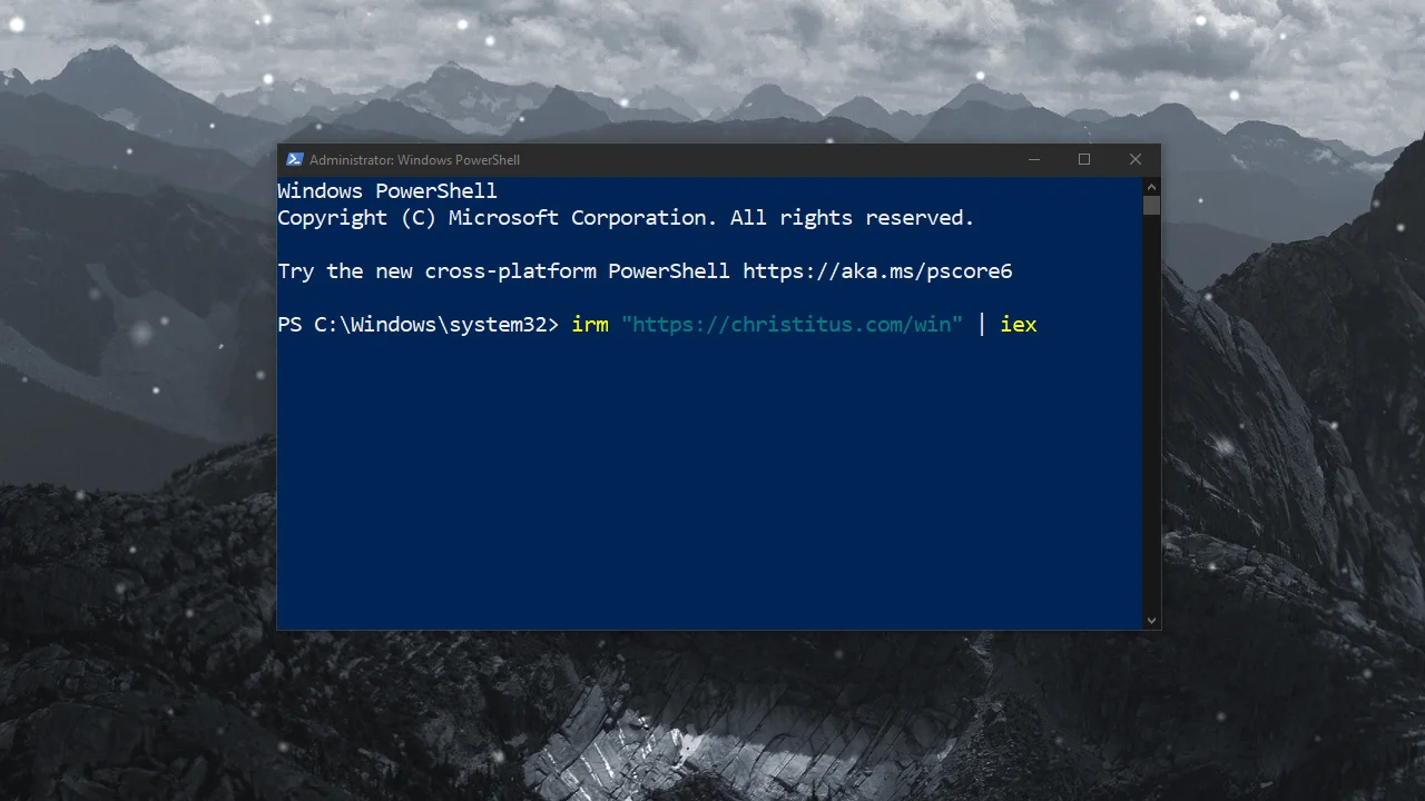 Yönetici olarak çalıştırılmış Windows PowerShell'e girilmiş Winutil kurulum kodu.