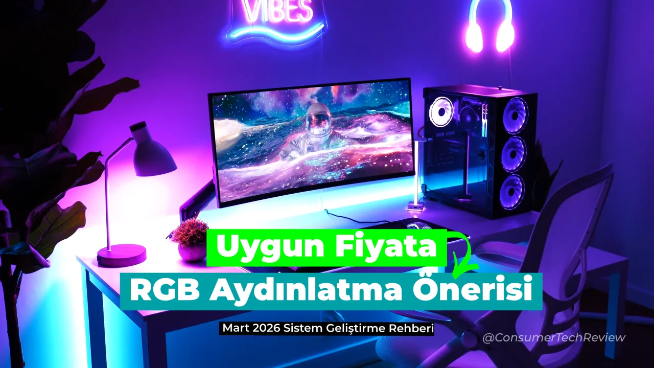 Mor ve mavi neon aydınlatmalı (duvarda 'VIBES' neon yazısı ve kulaklık şekli) modern bir oyun kurulumunu (ultra geniş monitör, şeffaf PC kasası, ofis sandalyesi) gösteren Türkçe teknoloji inceleme görseli. Görselin üzerinde yeşil vurgulu kutuda "Uygun Fiyata RGB Aydınlatma Önerisi" ve siyah kutuda "Mart 2026 Sistem Geliştirme Rehberi" yazısı bulunmaktadır. Sağ alt köşede @ConsumerTechReview etiketi görünür.