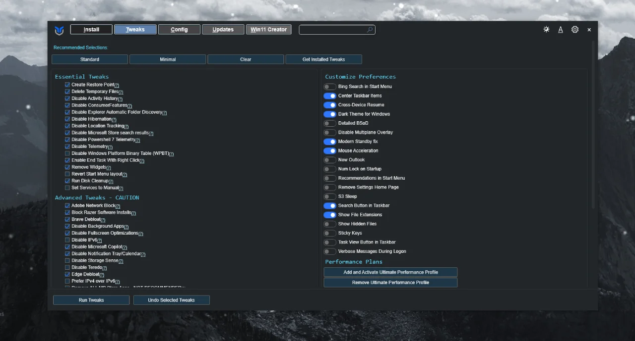 Winutil Tweaks Penceresinde Tercih Ettiğimiz Seçenekler