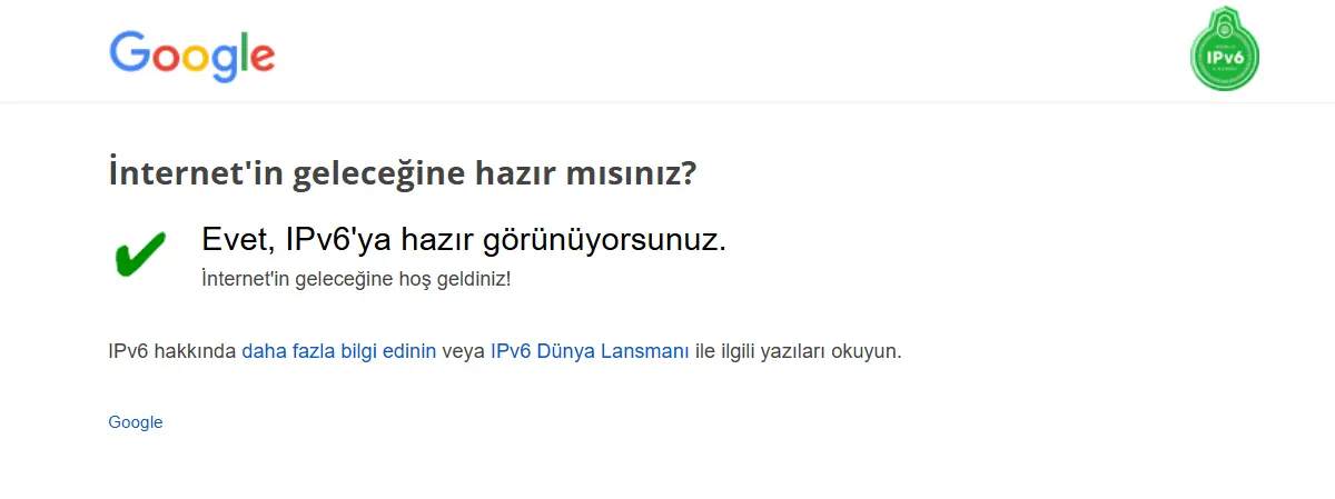 Google'ın IPv6 test aracının sonucu. IPv6 başarıyla aktifleştirilmiş.