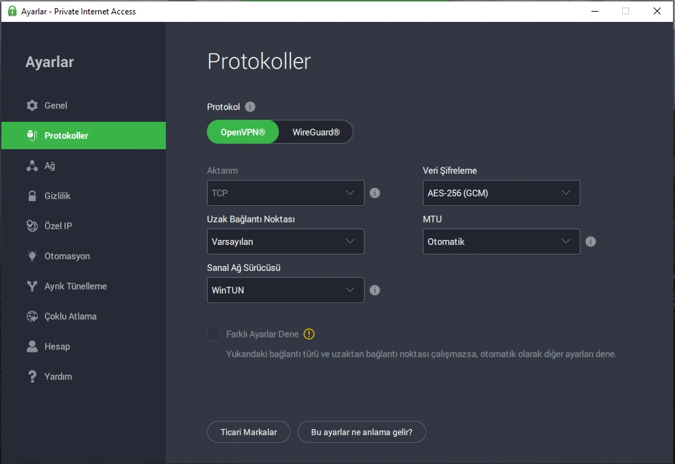 Private Internet Access İnceleme 11 Private Internet Access Kullanılabilir VPN Protokolleri ve Şifreleme Metotları