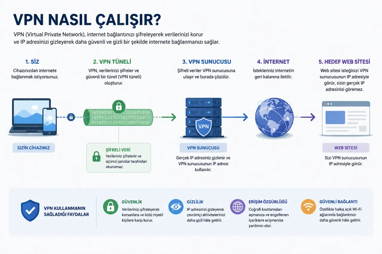 VPN bağlantısının çalışma şeklini anlatan akış şeması